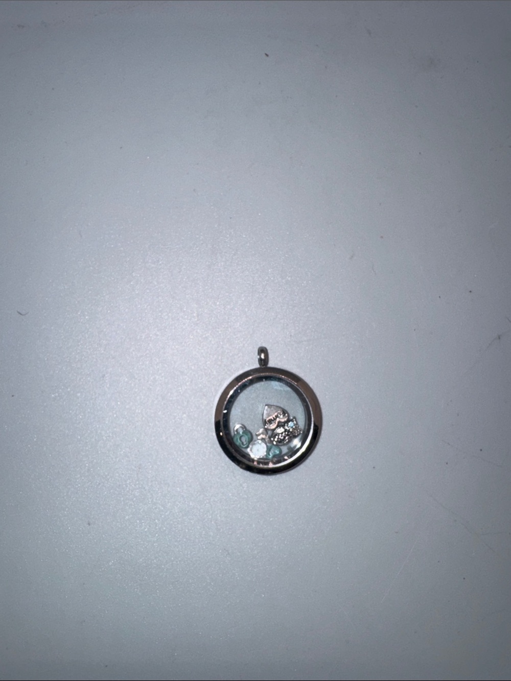 Silver-Tone Round Floating Charm Necklace with Aqua Accents